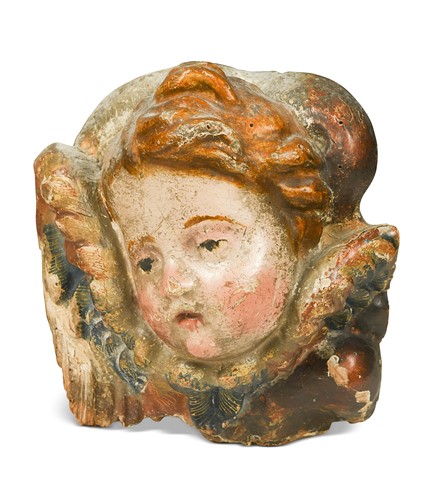 Lot 273 - A polychrome painted cherubs head, 18th century