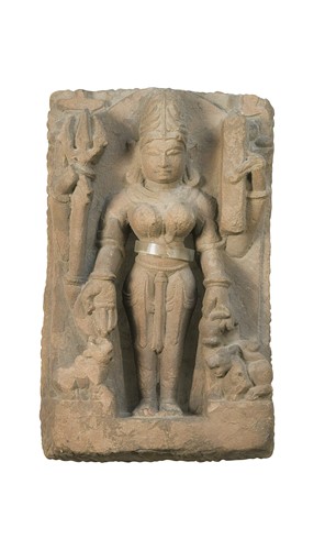 Lot 86 - An Indian purple sandstone standing temple figure of Upendra
