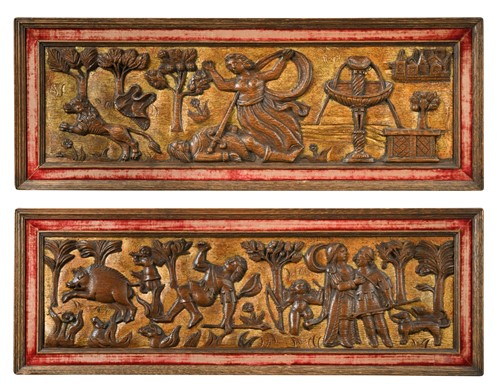 Lot 293 - A near pair of Flemish 17th century style parcel-gilt carved oak panels, probably 19th century