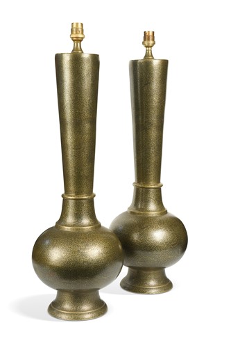 Lot 446 - A pair of damascened brass lamps, 20th century