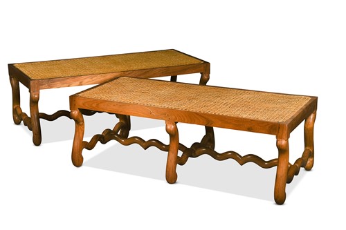 Lot A pair of Louis XIII style hardwood Os de Mouton caned benches, modern