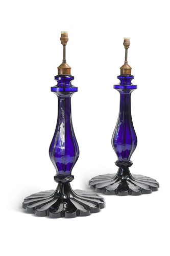 Lot 463 - A large pair of blue glass table lamps, 20th century