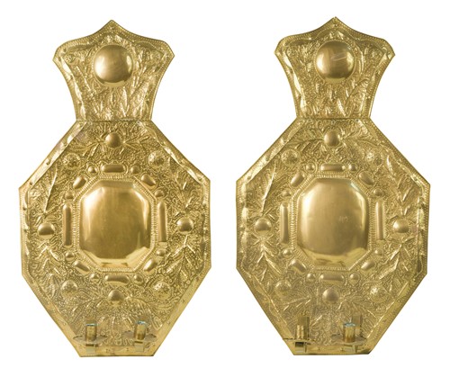 Lot 268 - A large pair of Dutch brass repoussé wall sconces, late 19th century