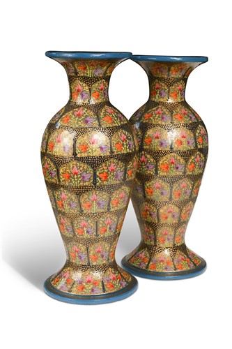 Lot 319 - A large pair of Kashmiri lacquered papier mâché vases, 20th century