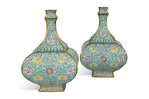 Lot 63 - A pair of Chinese enamel and brass vases, late 20th century