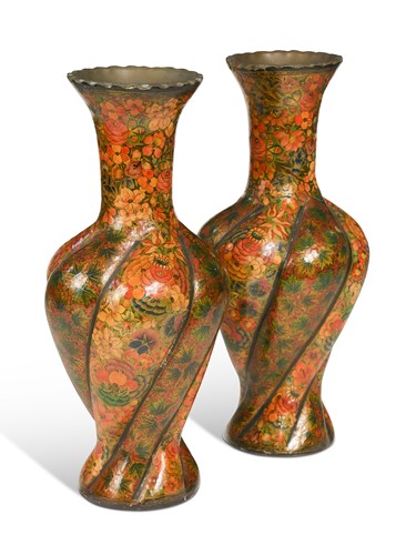 Lot 324 - A pair of brass lined papier mâché Kashmiri lacquered vases, second half 20th century