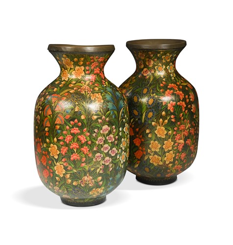 Lot 548 - A pair of brass lined papier mâché Kashmiri lacquer vases, 20th century