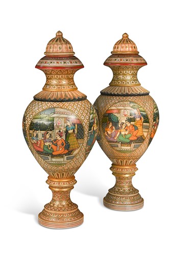 Lot 535 - A pair of North Indian finely painted inlaid bone urns and covers, modern