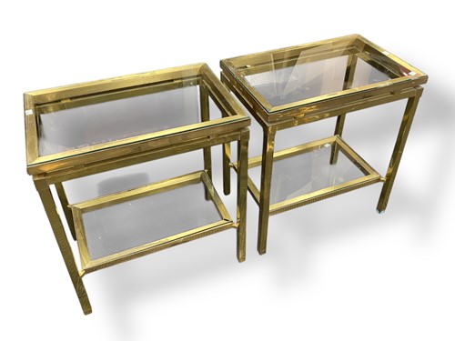 Lot 550a - A pair of lacquered brass two tier glass top...
