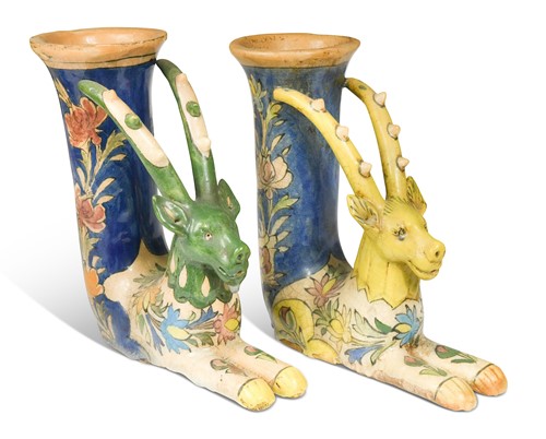 Lot 279 - A pair of Kutayha pottery deer vases