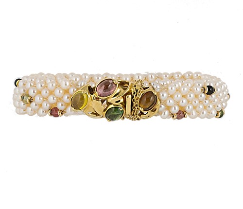 Lot 52 - A pearl and multi gemset bracelet