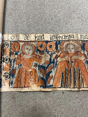 Lot 442 - A Swedish folk art 'Bonad' painting on parchment, 19th century