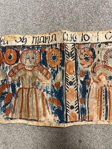 Lot 442 - A Swedish folk art 'Bonad' painting on parchment, 19th century