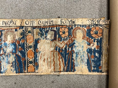 Lot 442 - A Swedish folk art 'Bonad' painting on parchment, 19th century