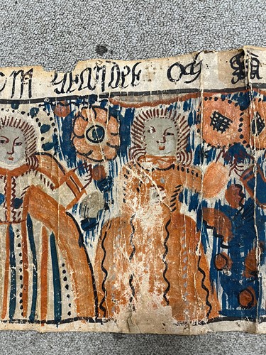 Lot 442 - A Swedish folk art 'Bonad' painting on parchment, 19th century