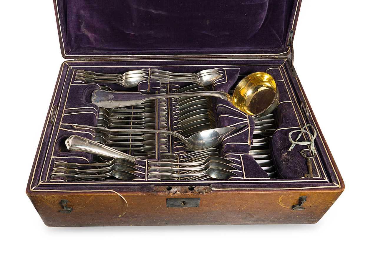 Lot 371 - An 85-piece set of mid 19th century German metalwares silver cutlery and flatware with one addition