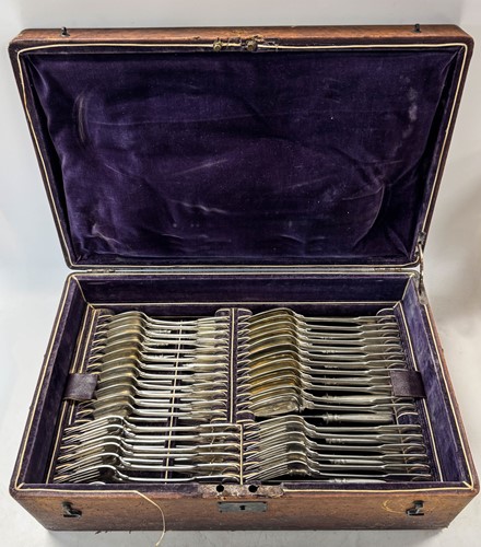 Lot 371 - An 85-piece set of mid 19th century German metalwares silver cutlery and flatware with one addition