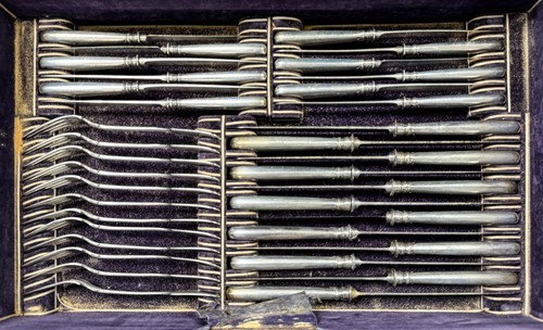 Lot 371 - An 85-piece set of mid 19th century German metalwares silver cutlery and flatware with one addition