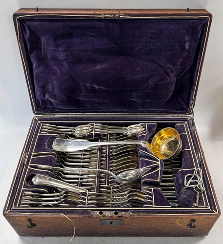 Lot 371 - An 85-piece set of mid 19th century German metalwares silver cutlery and flatware with one addition