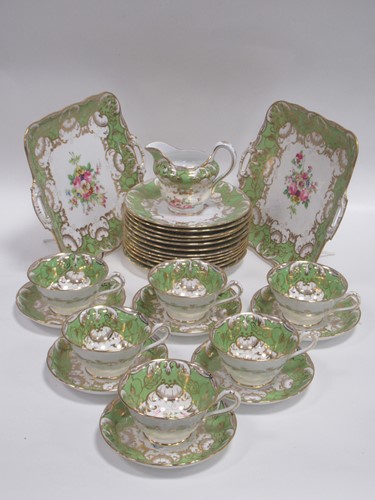 Lot 29 - An Edwardian green and floral teaset, with...