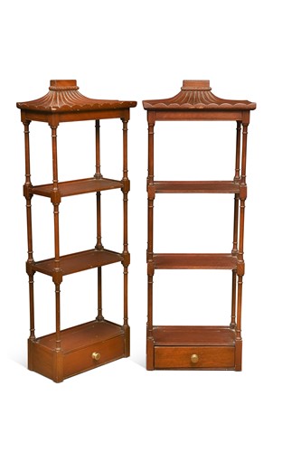 Lot 396 - A pair of hardwood three tier hanging shelves, early 20th century