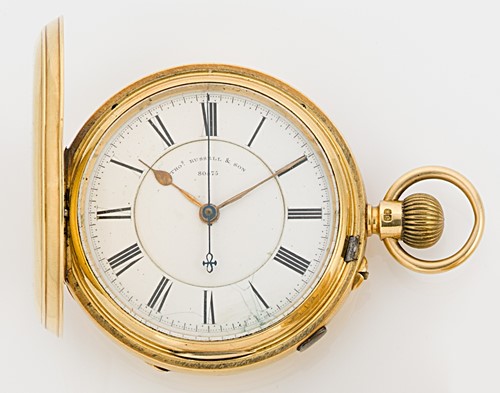 Lot 223 - Thomas Russell, Liverpool - A late 19th century 18ct gold chronograph hunter pocket watch