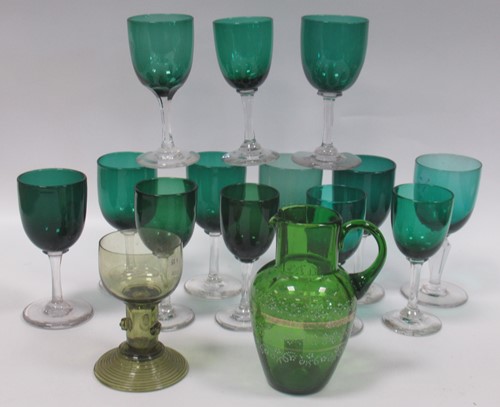 Lot 61 - A Harlequin set of deep green stemmed wine...