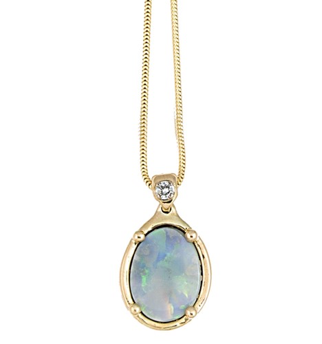 Lot 29 - An opal and diamond pendant and chain
