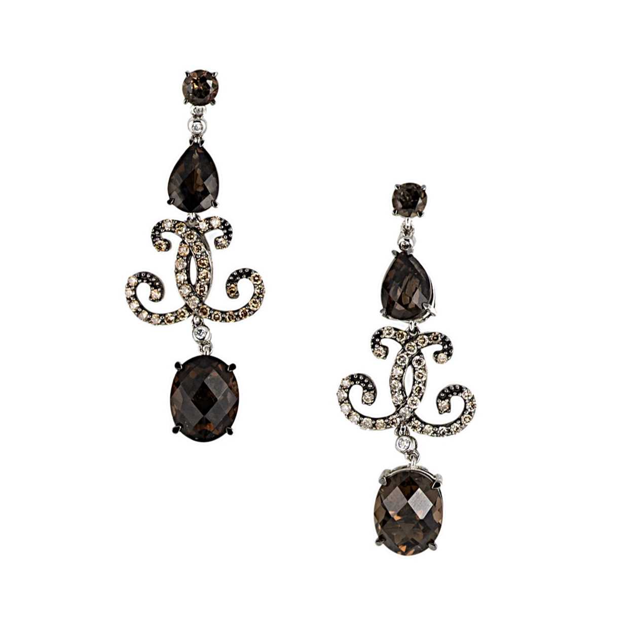 Lot 155 - A pair of smoky quartz and diamond ear pendants