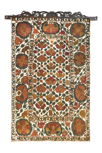 Lot 284 - A Suzani type embroidered wall hanging, 20th century