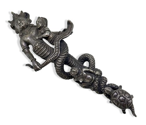 Lot 52 - A Tibetan white metal mother and daughter mermaid figure, 19th century