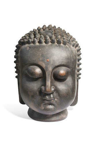 Lot 79 - A Japanese anodised copper Buddha head, 19/20th century