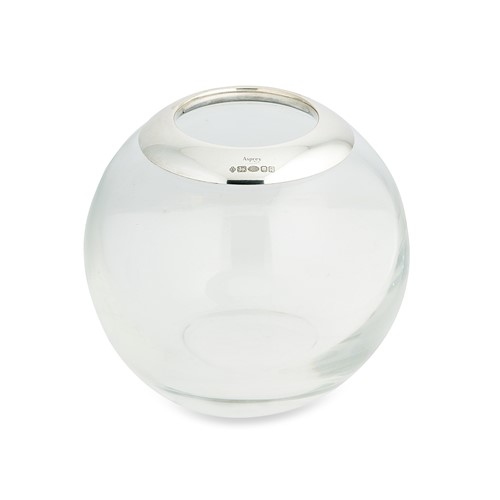 Lot 467 - An Elizabeth II 'goldfish bowl' glass vase, with silver rim, mark of Asprey