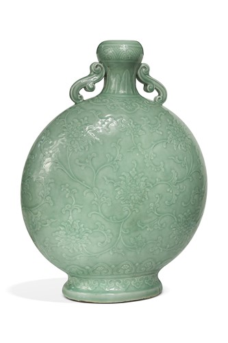 Lot A Chinese celadon glazed and carved large moonflask, Qing Dynasty, 18th century