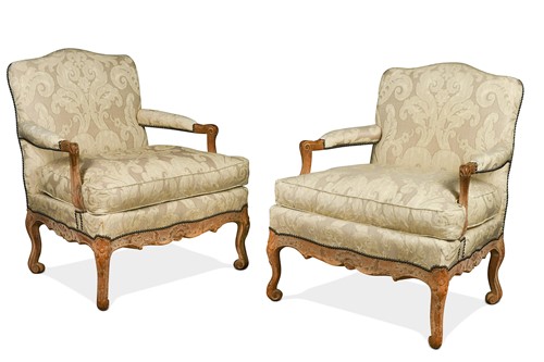 Lot 464 - A pair of Louis XV style beech framed fauteuil armchairs