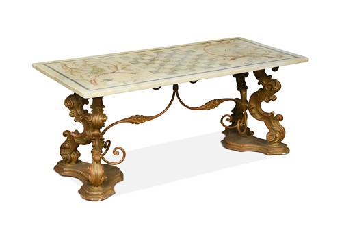Lot 461 - A marble top coffee table on a moulded scroll base, 20th century