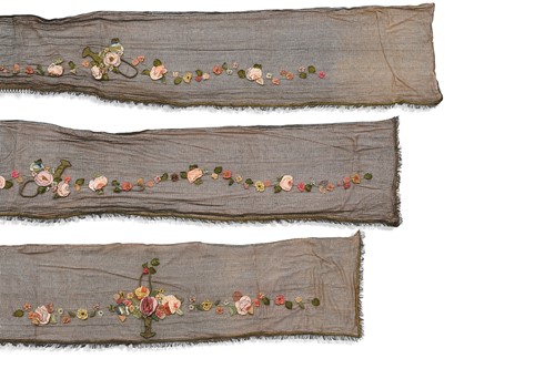 Lot 526 - A group of six French embroidered bed or room hangings, early 20th century