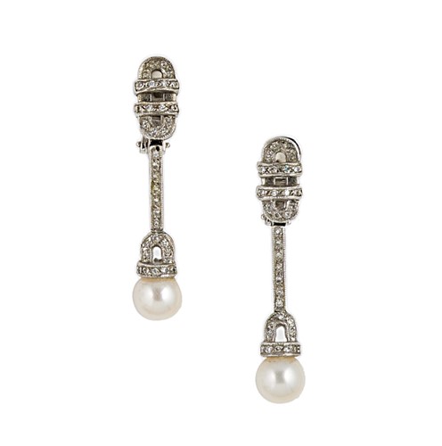 Lot 49 - A pair of cultured pearl and diamond ear pendants