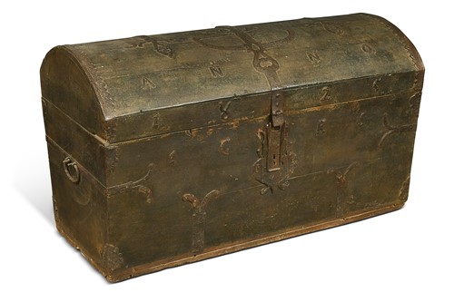 Lot 263 - A large painted oak metal bound marriage chest, dated 1825