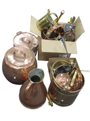Lot 213 - Large collection of brass and copperwares to...