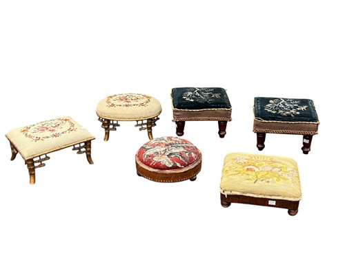 Lot 610 - Six various footstools, to include two with...