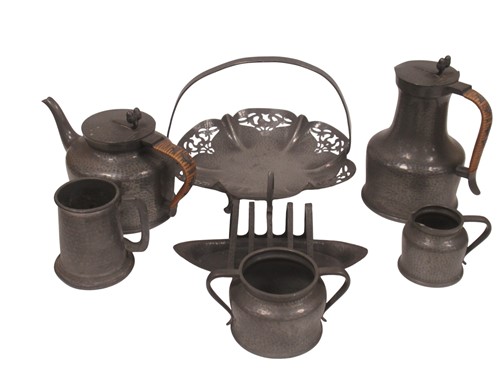 Lot 195 - Bradford Devon Pewter: Hammered pewter tea set...