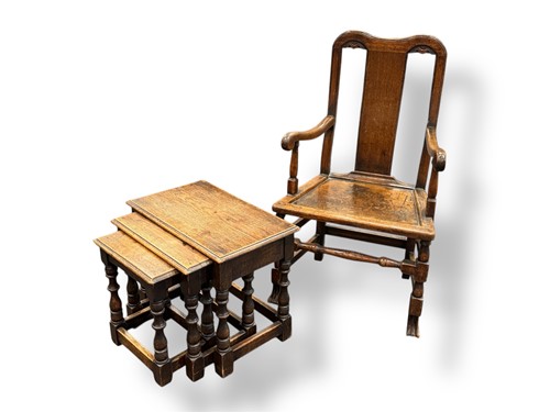 Lot 539 - An 18th century oak open armchair, the twin...