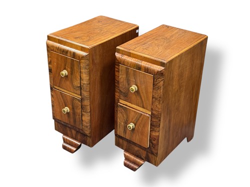 Lot 555 - A pair of Art Deco Walnut bedside cabinets,...