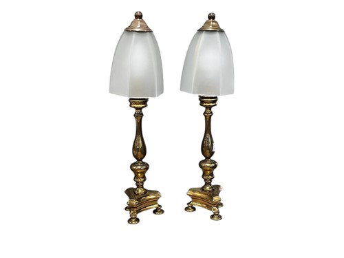 Lot 634 - A pair of brass table lamps with glass shades...