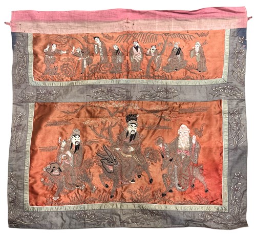 Lot 52 - A Chinese embroidered silk figural wall hanging, Qing Dynasty, circa 1890