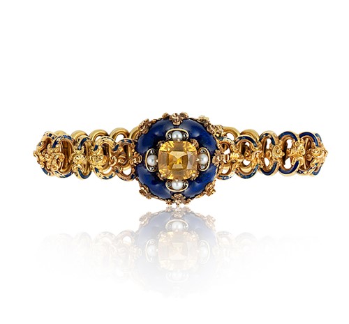Lot 27 - A Victorian citrine, pearl, diamond and enamel bracelet