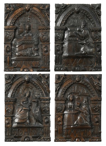 Lot 407 - A group of four oak carved panels depicting the Evangelists, 17th century