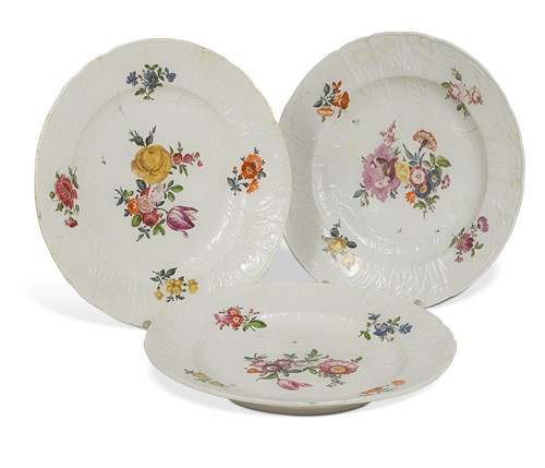 Lot 604 - A set of four German porcelain 'Deutsche Blumen' plates, 18th century