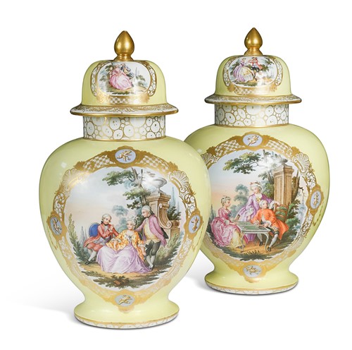 Lot 684 - A pair of Helena Wolfsohn yellow-ground vases and covers, 19th century